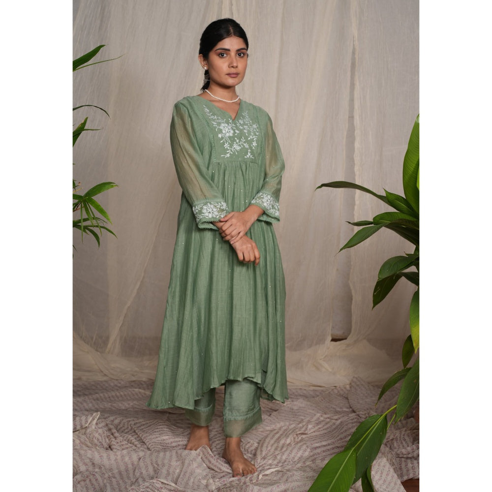 PANTS AND PAJAMAS Moss Green Chikan Chanderi Mull Kurta