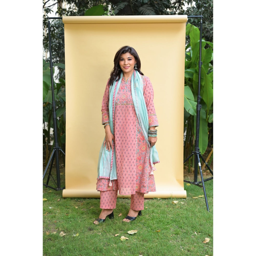 PANTS AND PAJAMAS Pink Block Printed in Cotton and Chanderi Mull Dupatta (Set of 3)