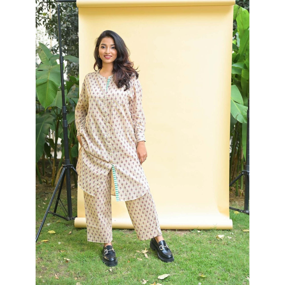 PANTS AND PAJAMAS Kai Beige Block Printed in Cotton Tunic Shirt and Cotton Bottom (Set of 2)