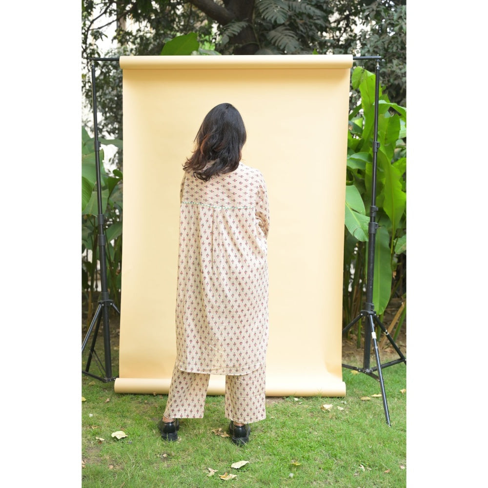 PANTS AND PAJAMAS Kai Beige Block Printed in Cotton Tunic Shirt and Cotton Bottom (Set of 2)