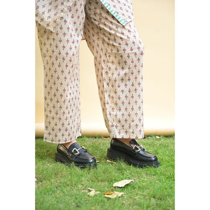 PANTS AND PAJAMAS Kai Beige Block Printed in Cotton Tunic Shirt and Cotton Bottom (Set of 2)