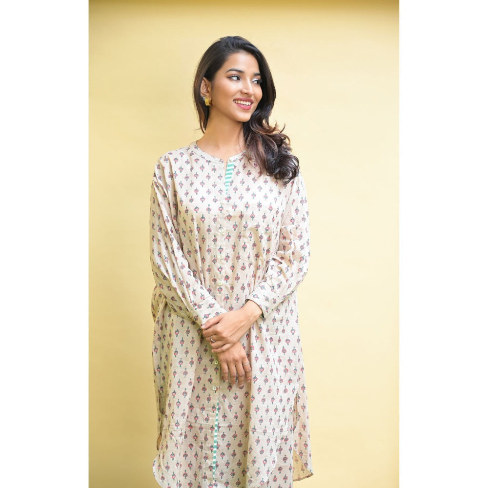 PANTS AND PAJAMAS Kai Beige Block Printed Cotton Tunic Shirt
