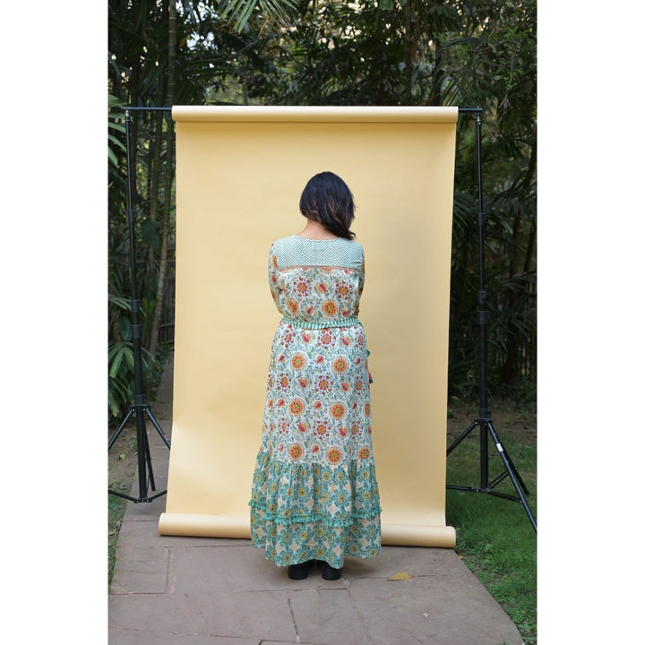 PANTS AND PAJAMAS Diana Light Beige Block Printed Cotton Tier Dress (Set of 2)