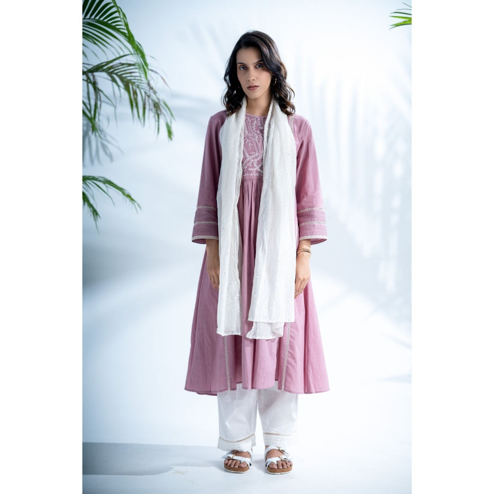PANTS AND PAJAMAS Mauve Lilac Chikankari in Cotton and Chanderi Dupatta (Set of 3)