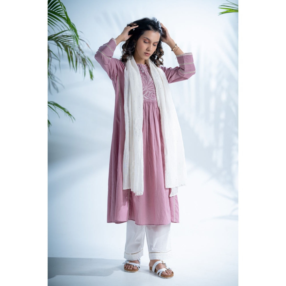 PANTS AND PAJAMAS Mauve Lilac Chikankari in Cotton and Chanderi Dupatta (Set of 3)