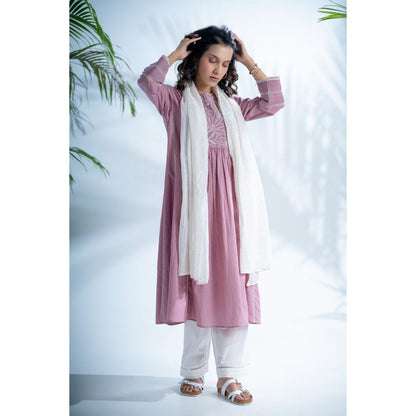 PANTS AND PAJAMAS Mauve Lilac Chikankari in Cotton and Chanderi Dupatta (Set of 3)