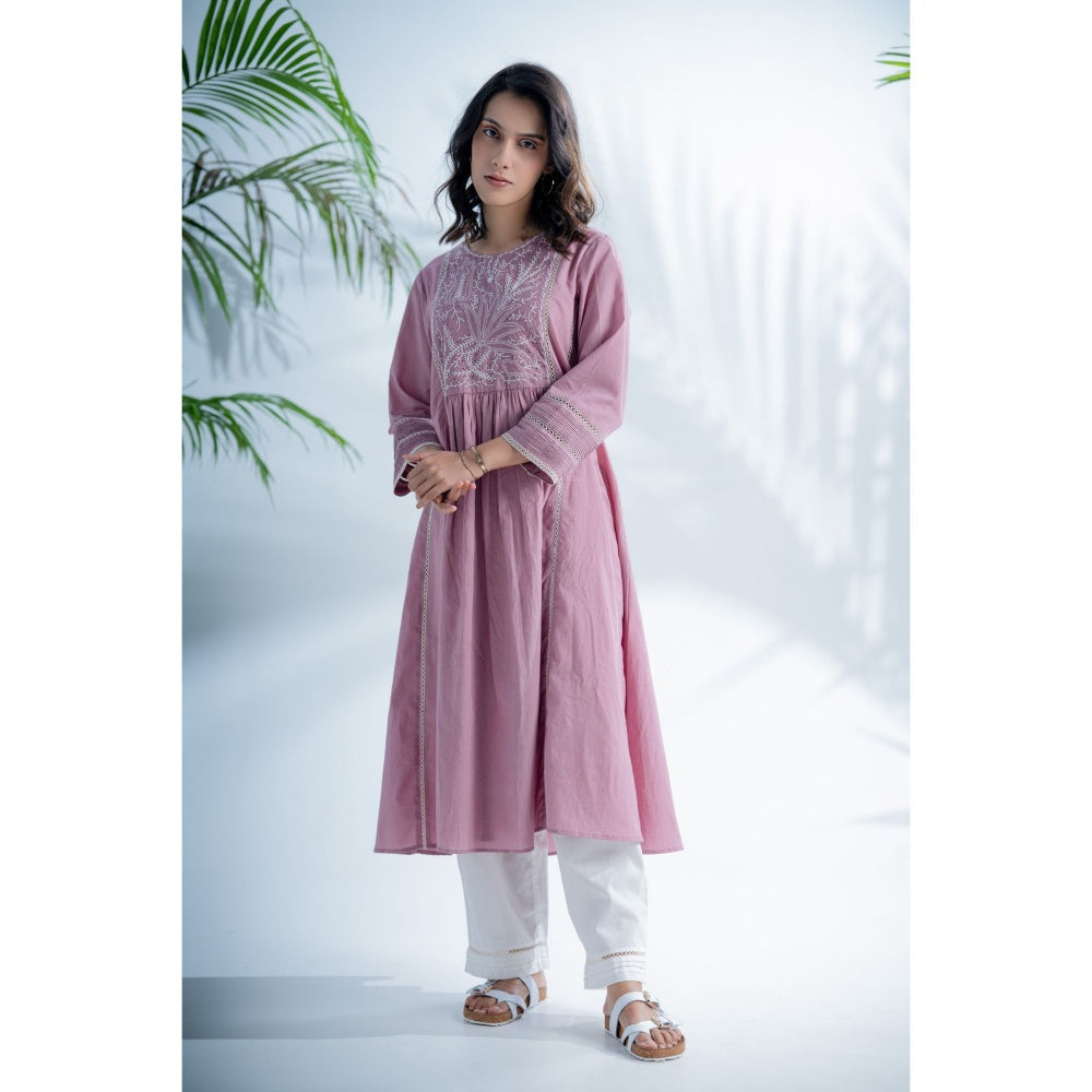 PANTS AND PAJAMAS Mauve Lilac Chikankari in Cotton and Chanderi Dupatta (Set of 3)