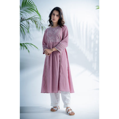 PANTS AND PAJAMAS Mauve Lilac Chikankari in Cotton and Chanderi Dupatta (Set of 3)