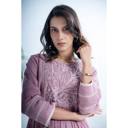 PANTS AND PAJAMAS Mauve Lilac Chikankari in Cotton Kurta, Cotton Bottom (Set of 2)