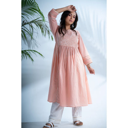 PANTS AND PAJAMAS Rozovo Blush Pink Chikankari in Cotton Kurta and Cotton Bottom (Set of 2)