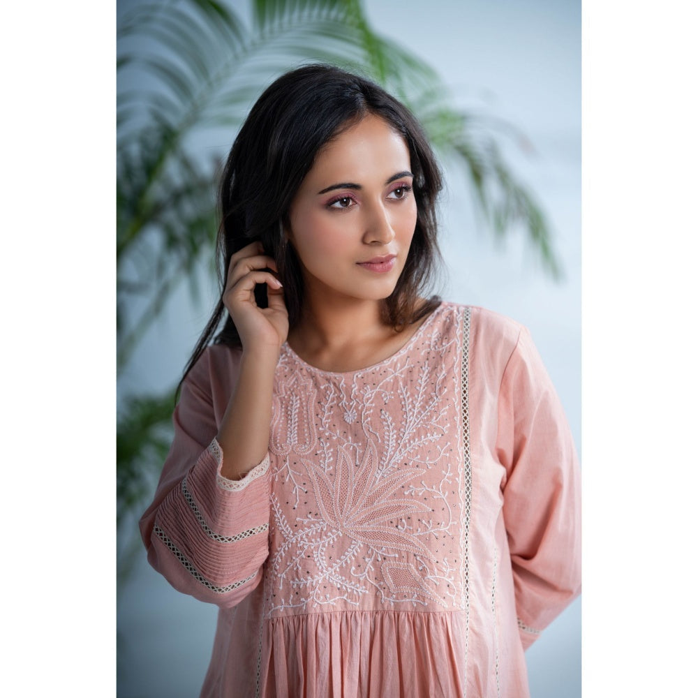 PANTS AND PAJAMAS Rozovo Blush Pink Chikankari in Cotton Kurta and Cotton Bottom (Set of 2)