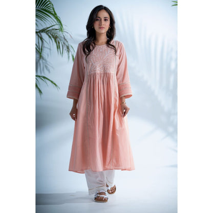 PANTS AND PAJAMAS Rozovo Blush Pink Chikan Cotton Kurta