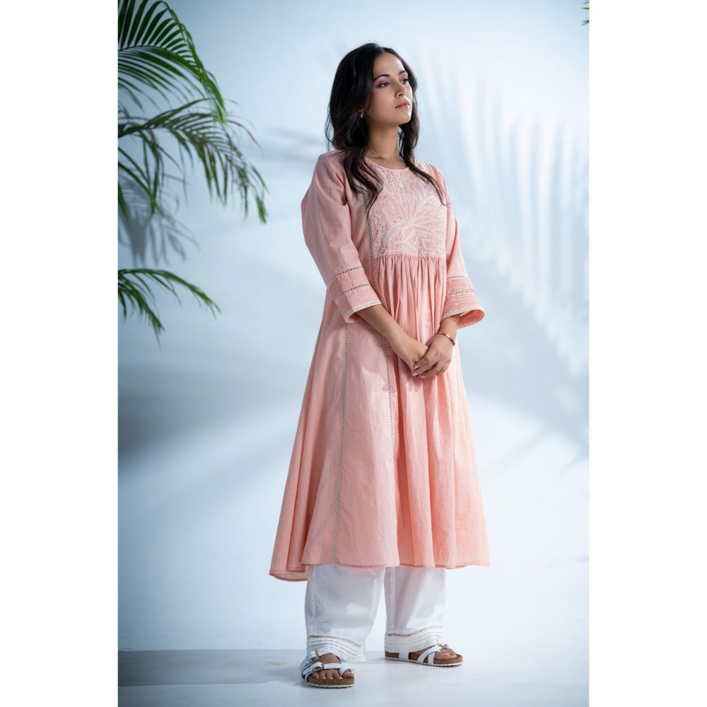 PANTS AND PAJAMAS Rozovo Blush Pink Chikan Cotton Kurta