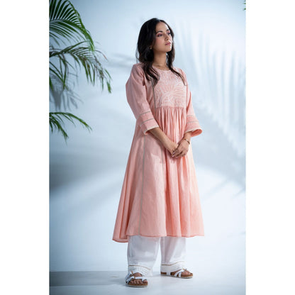 PANTS AND PAJAMAS Rozovo Blush Pink Chikan Cotton Kurta