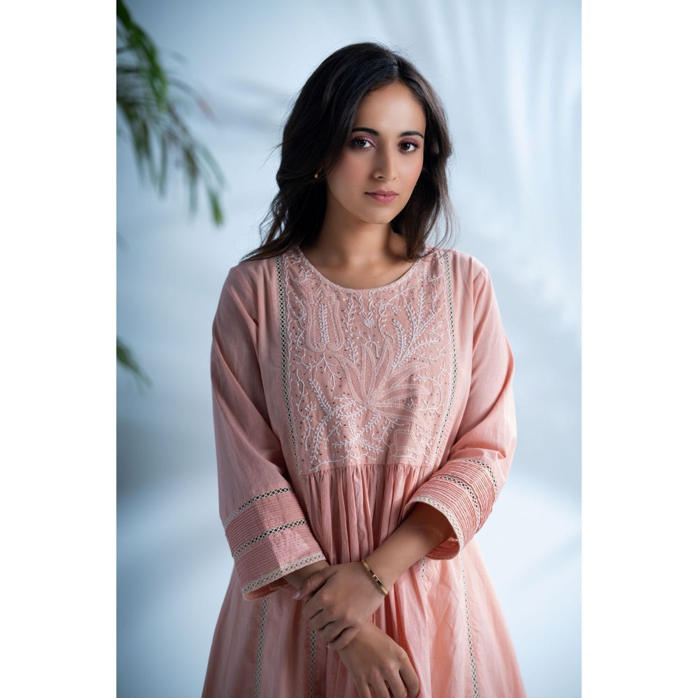 PANTS AND PAJAMAS Rozovo Blush Pink Chikan Cotton Kurta