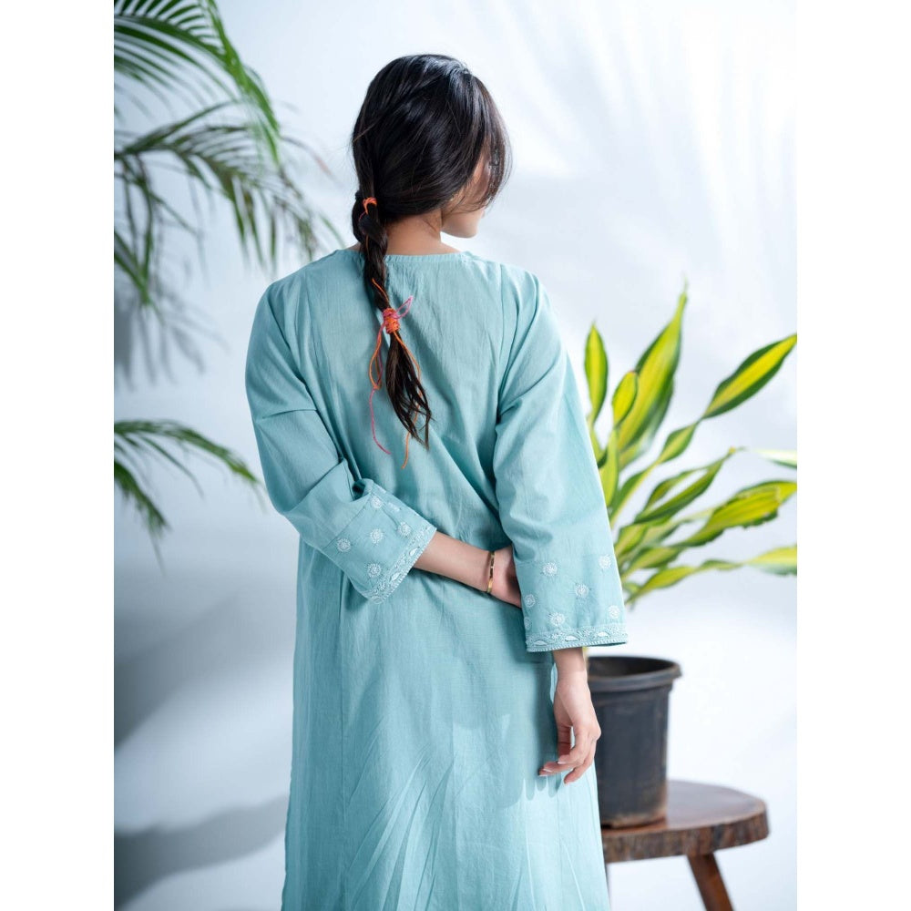 PANTS AND PAJAMAS Misty Aqua Chikankari in Cotton Kurta Bottom and Chanderi Stole (Set of 3)