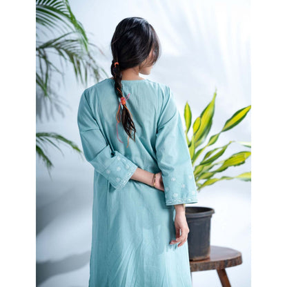 PANTS AND PAJAMAS Misty Aqua Chikankari in Cotton Kurta Bottom and Chanderi Stole (Set of 3)
