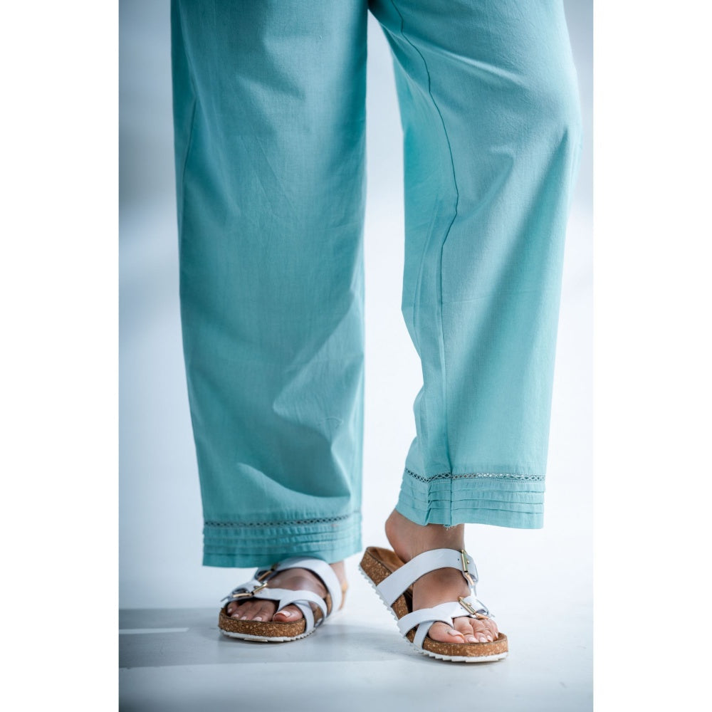 PANTS AND PAJAMAS Misty Aqua Chikankari in Cotton Kurta Bottom and Chanderi Stole (Set of 3)