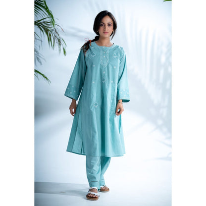 PANTS AND PAJAMAS Misty Aqua Chikankari in Cotton Kurta Bottom and Chanderi Stole (Set of 3)