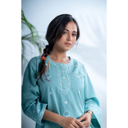PANTS AND PAJAMAS Misty Aqua Chikankari in Cotton Kurta and Cotton Bottom (Set of 2)