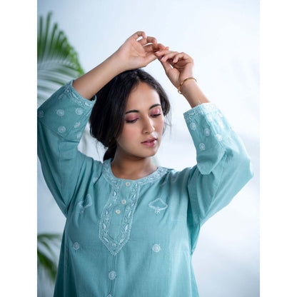 PANTS AND PAJAMAS Misty Aqua Chikan Cotton Kurta