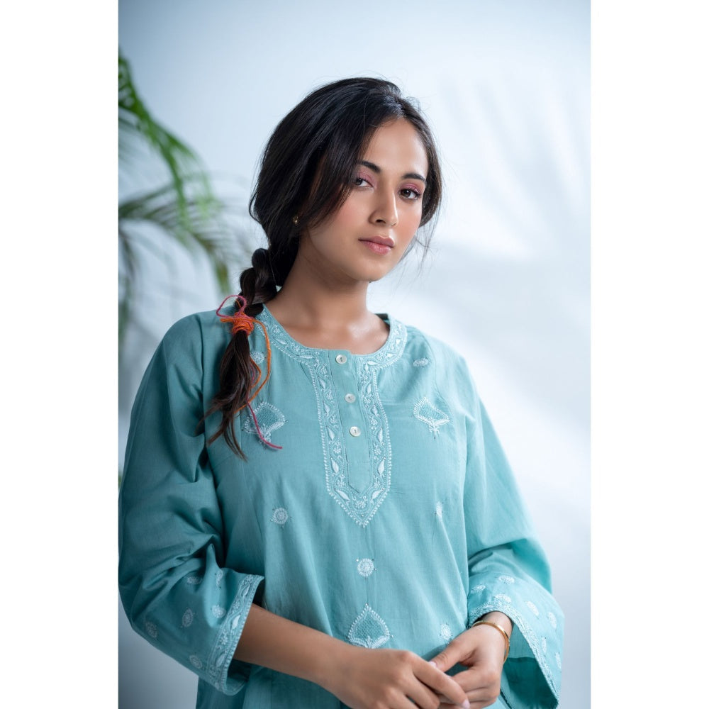 PANTS AND PAJAMAS Misty Aqua Chikan Cotton Kurta