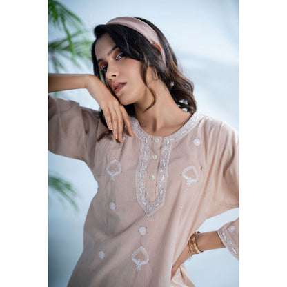 PANTS AND PAJAMAS Hazel Beige Chikankari in Cotton Kurta and Cotton Bottom (Set of 2)