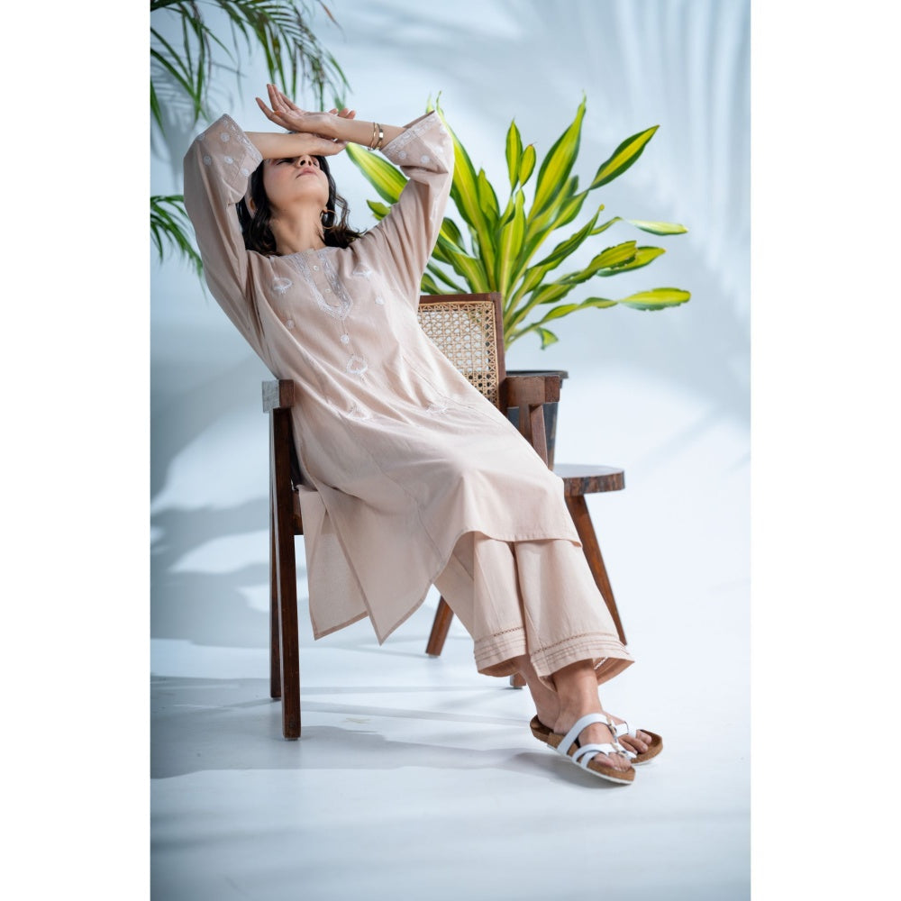 PANTS AND PAJAMAS Hazel Beige Chikankari in Cotton Kurta and Cotton Bottom (Set of 2)