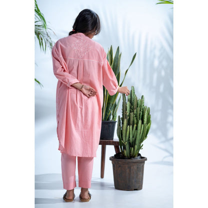 PANTS AND PAJAMAS Cerise Dark Blush Pink Chikan in Cotton Shirt and Cotton Bottom (Set of 2)
