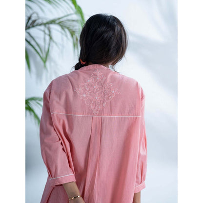 PANTS AND PAJAMAS Cerise Dark Blush Pink Chikan in Cotton Shirt and Cotton Bottom (Set of 2)