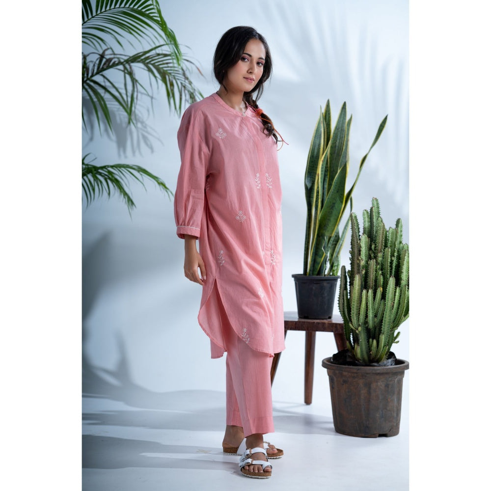 PANTS AND PAJAMAS Cerise Dark Blush Pink Chikan in Cotton Shirt and Cotton Bottom (Set of 2)