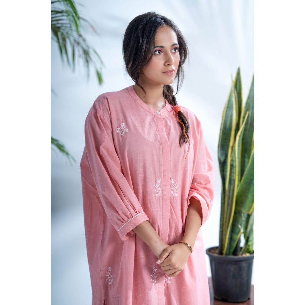 PANTS AND PAJAMAS Cerise Dark Blush Pink Chikan in Cotton Shirt and Cotton Bottom (Set of 2)