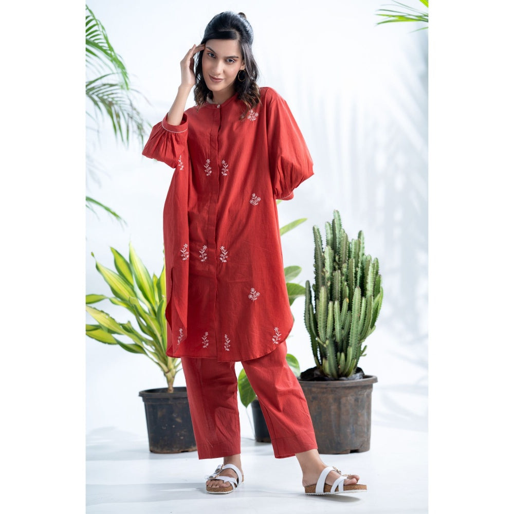 PANTS AND PAJAMAS Claret Red Chikan in Cotton Shirt and Cotton Bottom (Set of 2)