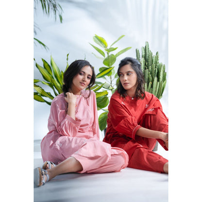 PANTS AND PAJAMAS Claret Red Chikan in Cotton Shirt and Cotton Bottom (Set of 2)