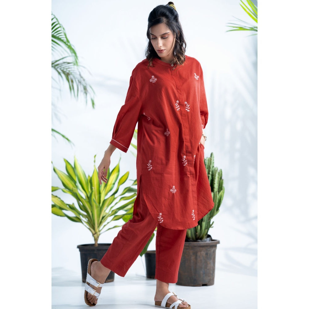 PANTS AND PAJAMAS Claret Red Chikan in Cotton Shirt and Cotton Bottom (Set of 2)