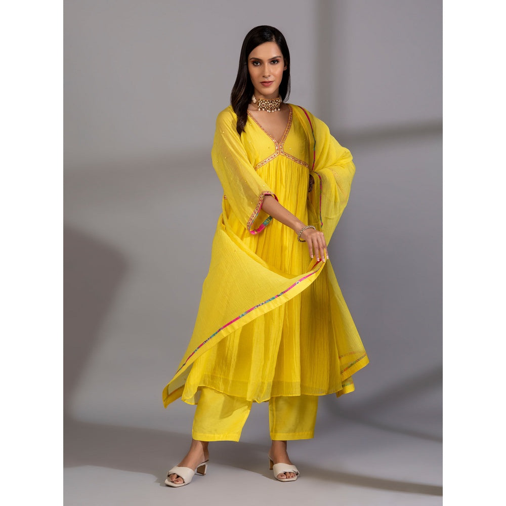 PANTS AND PAJAMAS Yellow Cotton Embroidered Dupatta
