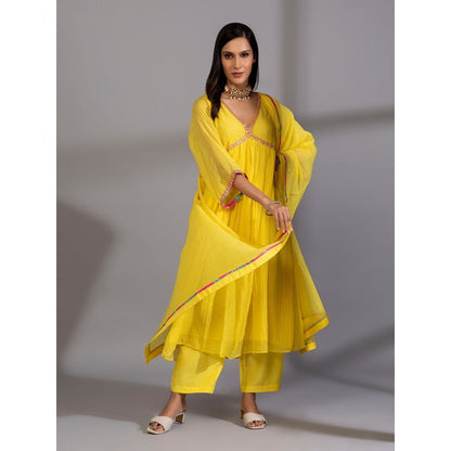 PANTS AND PAJAMAS Yellow Cotton Embroidered Dupatta