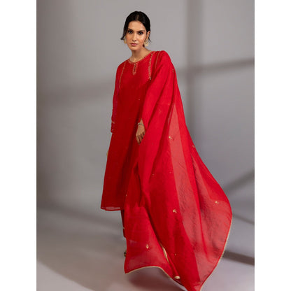 PANTS AND PAJAMAS Red Chanderi Embroidered Dupatta