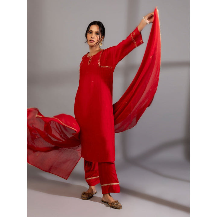 PANTS AND PAJAMAS Red Chanderi Embroidered Dupatta