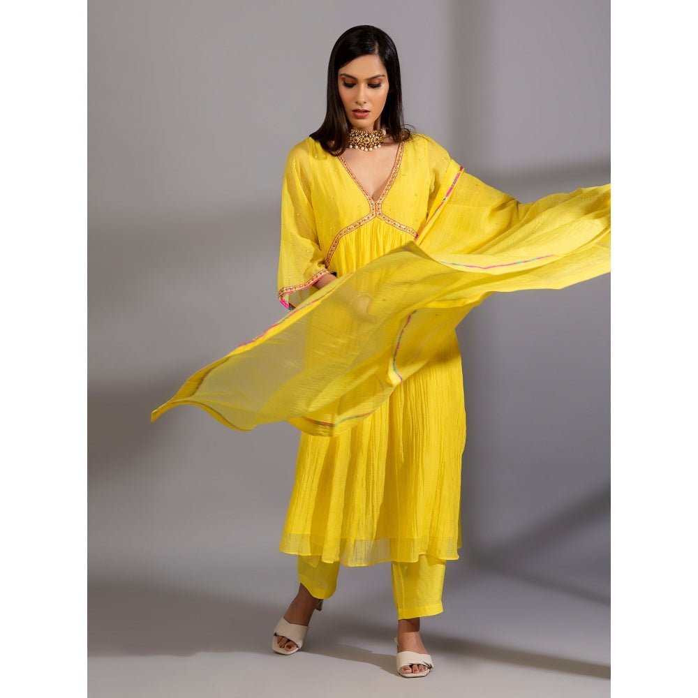 PANTS AND PAJAMAS Yellow Chanderi Kurta With Pant & Dupatta (Set of 3)