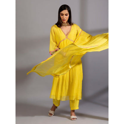 PANTS AND PAJAMAS Yellow Chanderi Kurta With Pant & Dupatta (Set of 3)