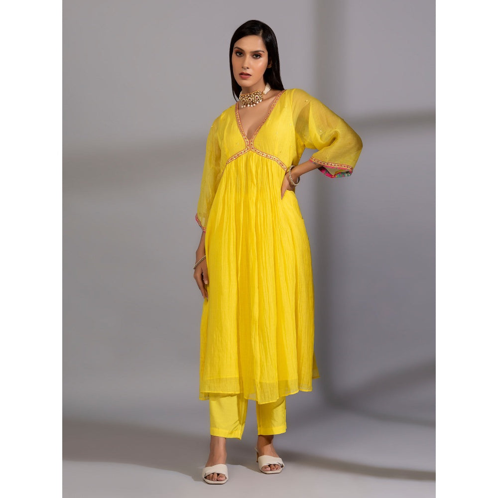 PANTS AND PAJAMAS Yellow Chanderi Kurta With Pant & Dupatta (Set of 3)