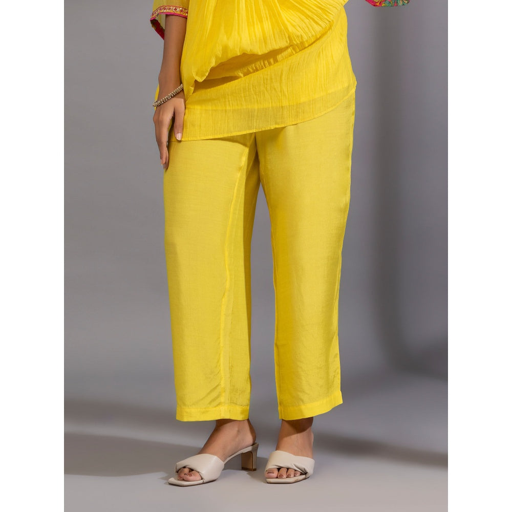 PANTS AND PAJAMAS Yellow Chanderi Kurta With Pant & Dupatta (Set of 3)