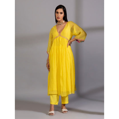 PANTS AND PAJAMAS Yellow Chanderi Embroidery Kurta