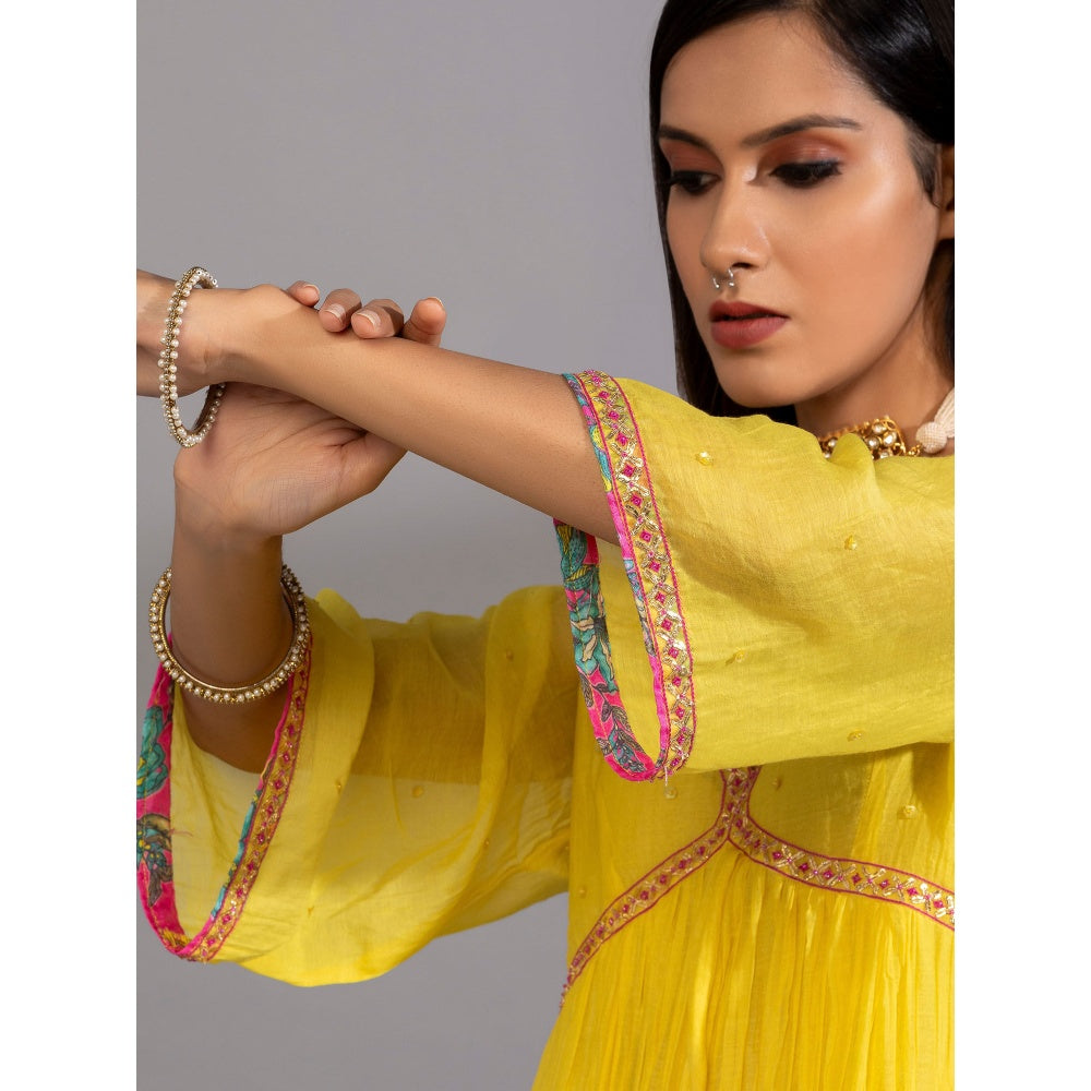 PANTS AND PAJAMAS Yellow Chanderi Embroidery Kurta