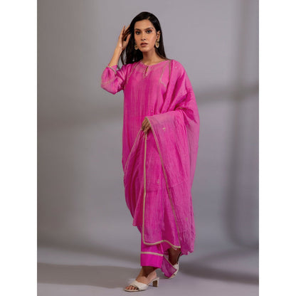 PANTS AND PAJAMAS Pink Chanderi Embroidered Kurta With Pant & Dupatta (Set of 3)