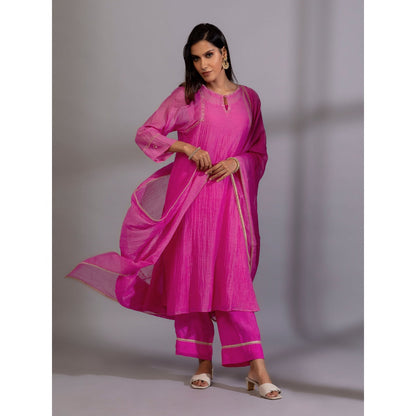 PANTS AND PAJAMAS Pink Chanderi Embroidered Kurta With Pant & Dupatta (Set of 3)