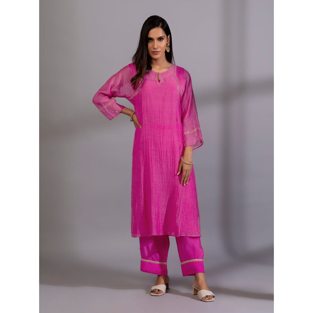 PANTS AND PAJAMAS Pink Chanderi Embroidered Kurta With Pant & Dupatta (Set of 3)