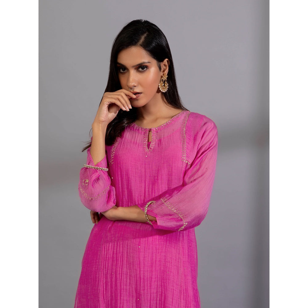 PANTS AND PAJAMAS Pink Chanderi Embroidered Kurta With Pant & Dupatta (Set of 3)