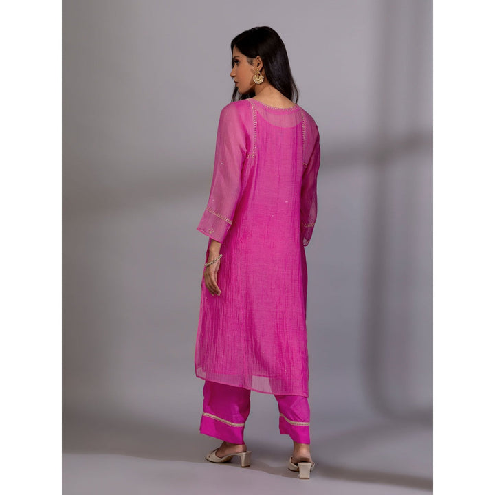 PANTS AND PAJAMAS Pink Chanderi Embroidered Kurta & Pant (Set of 2)